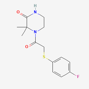 molecular formula C14H17FN2O2S B2476779 4-(2-((4-Fluorophenyl)thio)acetyl)-3,3-dimethylpiperazin-2-one CAS No. 952860-42-3