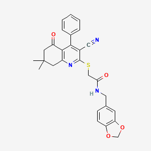 molecular formula C28H25N3O4S B2476787 N-(1,3-benzodioxol-5-ylmethyl)-2-[(3-cyano-7,7-dimethyl-5-oxo-4-phenyl-6,8-dihydroquinolin-2-yl)sulfanyl]acetamide CAS No. 690962-05-1