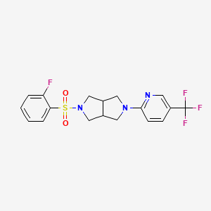 molecular formula C18H17F4N3O2S B2476815 5-(2-Fluorophenyl)sulfonyl-2-[5-(trifluoromethyl)pyridin-2-yl]-1,3,3a,4,6,6a-hexahydropyrrolo[3,4-c]pyrrole CAS No. 2415628-90-7
