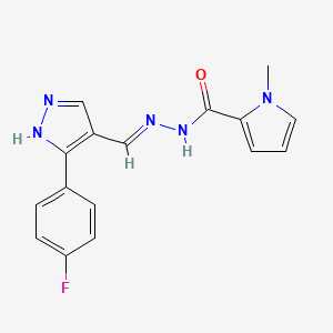 molecular formula C16H14FN5O B2476839 N'-{(E)-[3-(4-fluorophenyl)-1H-pyrazol-4-yl]methylidene}-1-methyl-1H-pyrrole-2-carbohydrazide CAS No. 477711-41-4