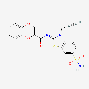 molecular formula C19H15N3O5S2 B2476852 N-(3-丙-2-炔基-6-磺酰胺基-1,3-苯并噻唑-2-亚甲基)-2,3-二氢-1,4-苯并二氧杂环-3-甲酰胺 CAS No. 865182-61-2