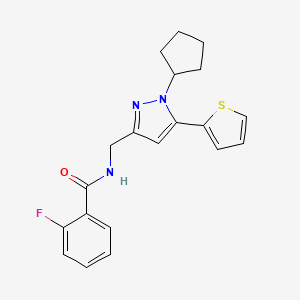 molecular formula C20H20FN3OS B2476868 N-((1-cyclopentyl-5-(thiophen-2-yl)-1H-pyrazol-3-yl)methyl)-2-fluorobenzamide CAS No. 1421526-62-6