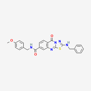 molecular formula C25H21N5O3S B2476973 2-(苄氨基)-N-(4-甲氧基苄基)-5-氧代-5H-[1,3,4]噻二唑并[2,3-b]喹唑啉-8-甲酰胺 CAS No. 892291-74-6