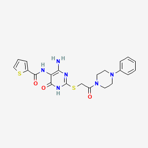 molecular formula C21H22N6O3S2 B2476994 N-(4-氨基-6-氧代-2-((2-氧代-2-(4-苯基哌嗪-1-基)乙基)硫代)-1,6-二氢嘧啶-5-基)噻吩-2-甲酰胺 CAS No. 868225-34-7