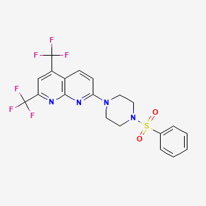 molecular formula C20H16F6N4O2S B2477082 7-[4-(Benzenesulfonyl)piperazin-1-yl]-2,4-bis(trifluoromethyl)-1,8-naphthyridine CAS No. 320417-87-6