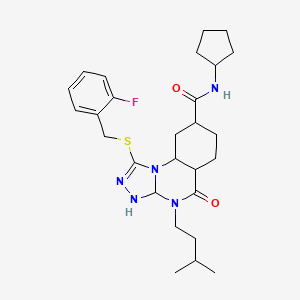 molecular formula C27H30FN5O2S B2477145 N-cyclopentyl-1-{[(2-fluorophenyl)methyl]sulfanyl}-4-(3-methylbutyl)-5-oxo-4H,5H-[1,2,4]triazolo[4,3-a]quinazoline-8-carboxamide CAS No. 2034514-27-5