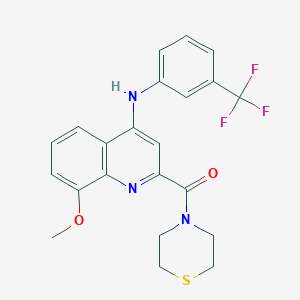 molecular formula C22H20F3N3O2S B2477149 (8-甲氧基-4-((3-(三氟甲基)苯基)氨基)喹啉-2-基)(硫代吗啉)甲酮 CAS No. 1251688-30-8