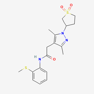 molecular formula C18H23N3O3S2 B2477163 2-(1-(1,1-dioxidotetrahydrothiophen-3-yl)-3,5-dimethyl-1H-pyrazol-4-yl)-N-(2-(methylthio)phenyl)acetamide CAS No. 1207025-00-0