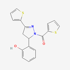 molecular formula C18H14N2O2S2 B2477174 [3-(2-Hydroxyphenyl)-5-thiophen-2-yl-3,4-dihydropyrazol-2-yl]-thiophen-2-ylmethanone CAS No. 868214-26-0