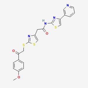 molecular formula C22H18N4O3S3 B2477197 2-(2-((2-(4-甲氧基苯基)-2-氧代乙基)硫代)噻唑-4-基)-N-(4-(吡啶-3-基)噻唑-2-基)乙酰胺 CAS No. 1207049-65-7