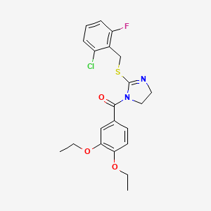 molecular formula C21H22ClFN2O3S B2477239 [2-[(2-Chloro-6-fluorophenyl)methylsulfanyl]-4,5-dihydroimidazol-1-yl]-(3,4-diethoxyphenyl)methanone CAS No. 851802-85-2