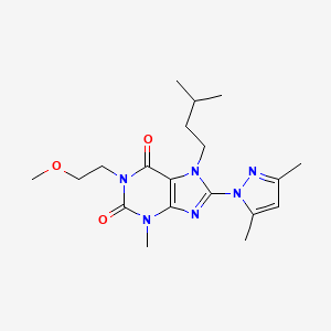 molecular formula C19H28N6O3 B2477240 8-(3,5-dimethyl-1H-pyrazol-1-yl)-1-(2-methoxyethyl)-3-methyl-7-(3-methylbutyl)-3,7-dihydro-1H-purine-2,6-dione CAS No. 1014012-35-1