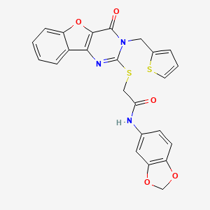 molecular formula C24H17N3O5S2 B2477313 N-(1,3-benzodioxol-5-yl)-2-{[4-oxo-3-(thiophen-2-ylmethyl)-3,4-dihydro[1]benzofuro[3,2-d]pyrimidin-2-yl]sulfanyl}acetamide CAS No. 900002-55-3