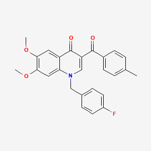 molecular formula C26H22FNO4 B2477372 1-[(4-Fluorophenyl)methyl]-6,7-dimethoxy-3-(4-methylbenzoyl)quinolin-4-one CAS No. 866808-24-4