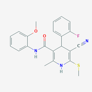 molecular formula C22H20FN3O2S B2477445 5-cyano-4-(2-fluorophenyl)-N-(2-methoxyphenyl)-2-methyl-6-(methylsulfanyl)-1,4-dihydropyridine-3-carboxamide CAS No. 442557-87-1