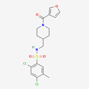 molecular formula C18H20Cl2N2O4S B2477481 2,4-二氯-N-((1-(呋喃-3-羰基)哌啶-4-基)甲基)-5-甲基苯磺酰胺 CAS No. 1396877-73-8