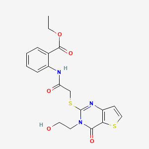 molecular formula C19H19N3O5S2 B2477488 2-(2-((3-(2-羟乙基)-4-氧代-3,4-二氢噻吩并[3,2-d]嘧啶-2-基)硫代)乙酰氨基)苯甲酸乙酯 CAS No. 1795413-20-5