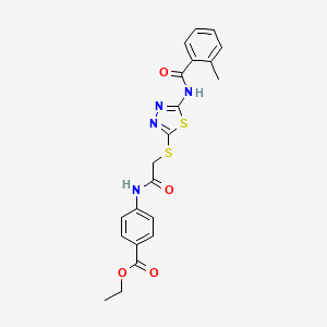 molecular formula C21H20N4O4S2 B2477538 Ethyl 4-[[2-[[5-[(2-methylbenzoyl)amino]-1,3,4-thiadiazol-2-yl]sulfanyl]acetyl]amino]benzoate CAS No. 392293-08-2