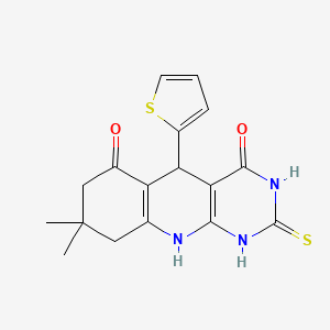 molecular formula C17H17N3O2S2 B2477659 8,8-dimethyl-2-sulfanylidene-5-thiophen-2-yl-5,7,9,10-tetrahydro-1H-pyrimido[4,5-b]quinoline-4,6-dione CAS No. 303787-04-4