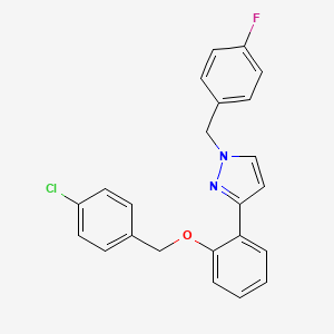 molecular formula C23H18ClFN2O B2477663 3-{2-[(4-chlorobenzyl)oxy]phenyl}-1-(4-fluorobenzyl)-1H-pyrazole CAS No. 956755-21-8