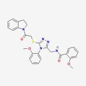 molecular formula C28H27N5O4S B2477668 N-((5-((2-(indolin-1-yl)-2-oxoethyl)thio)-4-(2-methoxyphenyl)-4H-1,2,4-triazol-3-yl)methyl)-2-methoxybenzamide CAS No. 310427-16-8