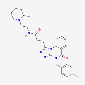 molecular formula C27H31FN6O2 B2477724 3-[4-[(4-氟苯基)甲基]-5-氧代-[1,2,4]三氮杂苯并[4,3-a]喹唑啉-1-基]-N-[2-(2-甲基哌啶-1-基)乙基]丙酰胺 CAS No. 902961-46-0