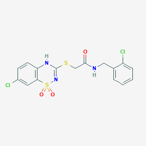 molecular formula C16H13Cl2N3O3S2 B2477790 2-((7-chloro-1,1-dioxido-4H-benzo[e][1,2,4]thiadiazin-3-yl)thio)-N-(2-chlorobenzyl)acetamide CAS No. 899734-71-5