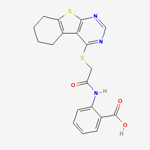 molecular formula C19H17N3O3S2 B2477828 2-[[2-(5,6,7,8-Tetrahydro-[1]benzothiolo[2,3-d]pyrimidin-4-ylsulfanyl)acetyl]amino]benzoic acid CAS No. 307513-55-9