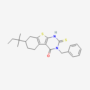 molecular formula C22H26N2OS2 B2477829 4-Benzyl-11-(2-methylbutan-2-yl)-5-sulfanyl-8-thia-4,6-diazatricyclo[7.4.0.0^{2,7}]trideca-1(9),2(7),5-trien-3-one CAS No. 438030-39-8