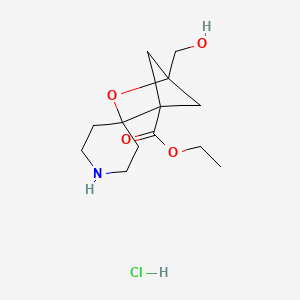 molecular formula C13H22ClNO4 B2477865 Ethyl 1-(hydroxymethyl)spiro[2-oxabicyclo[2.1.1]hexane-3,4'-piperidine]-4-carboxylate;hydrochloride CAS No. 2253631-06-8
