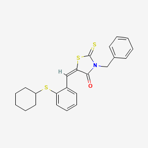 molecular formula C23H23NOS3 B2477902 (5E)-3-苄基-5-[(2-环己硫基苯基)亚甲基]-2-硫代亚甲基-1,3-噻唑烷-4-酮 CAS No. 273731-76-3