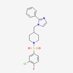 molecular formula C21H21ClFN3O2S B2477916 1-((3-chloro-4-fluorophenyl)sulfonyl)-4-((2-phenyl-1H-imidazol-1-yl)methyl)piperidine CAS No. 1396761-25-3
