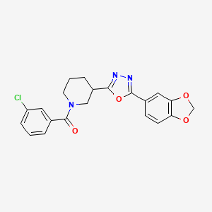 molecular formula C21H18ClN3O4 B2477930 (3-(5-(Benzo[d][1,3]dioxol-5-yl)-1,3,4-oxadiazol-2-yl)piperidin-1-yl)(3-chlorophenyl)methanone CAS No. 1169996-71-7