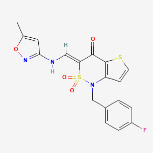 molecular formula C18H14FN3O4S2 B2477957 (Z)-1-(4-fluorobenzyl)-3-(((5-methylisoxazol-3-yl)amino)methylene)-1H-thieno[3,2-c][1,2]thiazin-4(3H)-one 2,2-dioxide CAS No. 894683-50-2