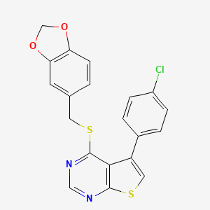 molecular formula C20H13ClN2O2S2 B2478045 4-((Benzo[d][1,3]dioxol-5-ylmethyl)thio)-5-(4-chlorophenyl)thieno[2,3-d]pyrimidine CAS No. 690644-02-1