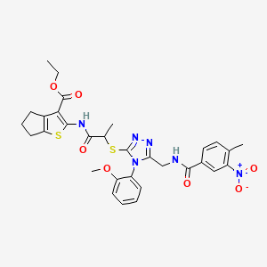 molecular formula C31H32N6O7S2 B2478106 ethyl 2-(2-((4-(2-methoxyphenyl)-5-((4-methyl-3-nitrobenzamido)methyl)-4H-1,2,4-triazol-3-yl)thio)propanamido)-5,6-dihydro-4H-cyclopenta[b]thiophene-3-carboxylate CAS No. 393815-21-9