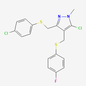 molecular formula C18H15Cl2FN2S2 B2478134 (5-chloro-3-{[(4-chlorophenyl)sulfanyl]methyl}-1-methyl-1H-pyrazol-4-yl)methyl 4-fluorophenyl sulfide CAS No. 318234-41-2