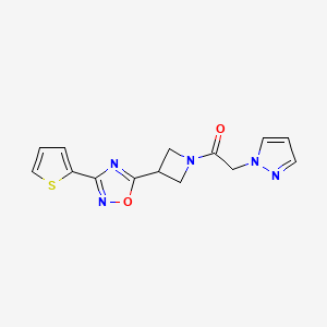 molecular formula C14H13N5O2S B2478147 2-(1H-吡唑-1-基)-1-(3-(3-(噻吩-2-基)-1,2,4-恶二唑-5-基)氮杂环丁-1-基)乙酮 CAS No. 1327575-00-7