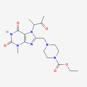molecular formula C18H26N6O5 B2478283 Ethyl 4-{[3-methyl-7-(1-methyl-2-oxopropyl)-2,6-dioxo-1,3,7-trihydropurin-8-yl]methyl}piperazinecarboxylate CAS No. 862979-97-3