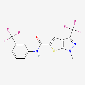 molecular formula C15H9F6N3OS B2478323 1-methyl-3-(trifluoromethyl)-N-[3-(trifluoromethyl)phenyl]-1H-thieno[2,3-c]pyrazole-5-carboxamide CAS No. 477886-35-4