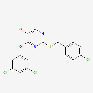 molecular formula C18H13Cl3N2O2S B2478379 2-((4-Chlorobenzyl)sulfanyl)-4-(3,5-dichlorophenoxy)-5-pyrimidinyl methyl ether CAS No. 338423-19-1