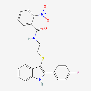 molecular formula C23H18FN3O3S B2478380 N-(2-((2-(4-fluorophenyl)-1H-indol-3-yl)thio)ethyl)-2-nitrobenzamide CAS No. 862806-58-4