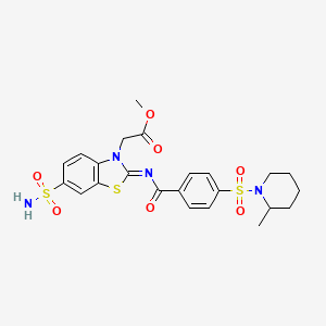 molecular formula C23H26N4O7S3 B2478433 Methyl 2-[2-[4-(2-methylpiperidin-1-yl)sulfonylbenzoyl]imino-6-sulfamoyl-1,3-benzothiazol-3-yl]acetate CAS No. 865199-10-6