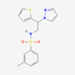 molecular formula C16H17N3O2S2 B2478480 N-(2-(1H-pyrazol-1-yl)-2-(thiophen-2-yl)ethyl)-3-methylbenzenesulfonamide CAS No. 2034437-81-3