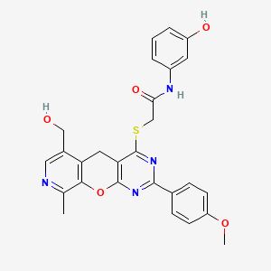 molecular formula C27H24N4O5S B2478515 2-{[11-(hydroxymethyl)-5-(4-methoxyphenyl)-14-methyl-2-oxa-4,6,13-triazatricyclo[8.4.0.0^{3,8}]tetradeca-1(10),3(8),4,6,11,13-hexaen-7-yl]sulfanyl}-N-(3-hydroxyphenyl)acetamide CAS No. 892382-48-8