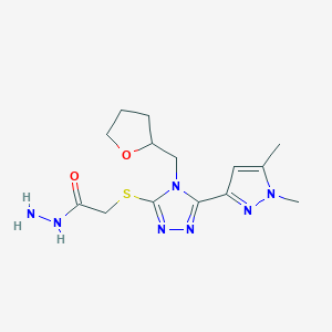 molecular formula C14H21N7O2S B2478628 2-{[5-(1,5-Dimethyl-1H-pyrazol-3-YL)-4-(tetrahydrofuran-2-ylmethyl)-4H-1,2,4-triazol-3-YL]thio}acetohydrazide CAS No. 1006326-97-1