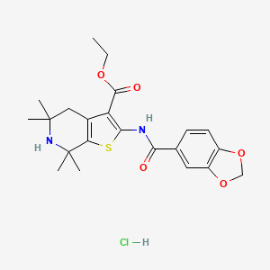 molecular formula C22H27ClN2O5S B2478707 Ethyl 2-(benzo[d][1,3]dioxole-5-carboxamido)-5,5,7,7-tetramethyl-4,5,6,7-tetrahydrothieno[2,3-c]pyridine-3-carboxylate hydrochloride CAS No. 1329988-39-7