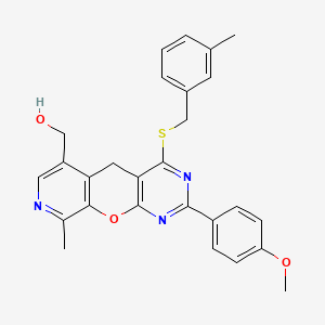 molecular formula C27H25N3O3S B2478713 (2-(4-methoxyphenyl)-9-methyl-4-((3-methylbenzyl)thio)-5H-pyrido[4',3':5,6]pyrano[2,3-d]pyrimidin-6-yl)methanol CAS No. 892414-99-2