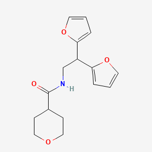 N-(2,2-di(furan-2-yl)ethyl)tetrahydro-2H-pyran-4-carboxamide