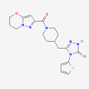 molecular formula C19H22N6O3S B2478854 3-((1-(6,7-dihydro-5H-pyrazolo[5,1-b][1,3]oxazine-2-carbonyl)piperidin-4-yl)methyl)-4-(thiophen-2-yl)-1H-1,2,4-triazol-5(4H)-one CAS No. 2034364-12-8